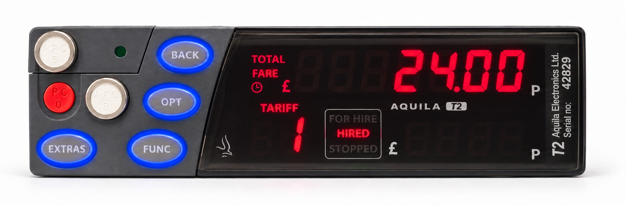 Aquila T2 Mk II taximeter displaying a £24.00 fare on tariff 1